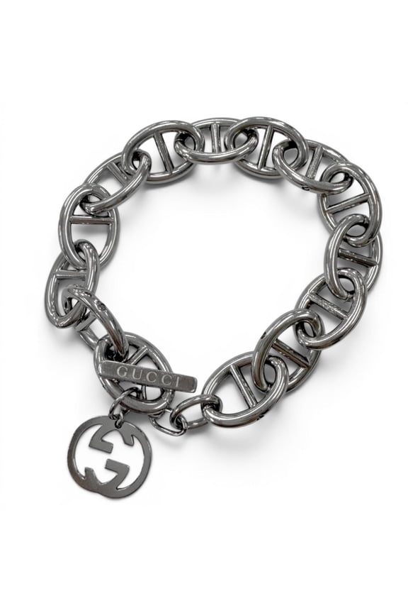 Pre-Owned GUCCI Vintage Anchor Chain Interlocking G Bracelet, Silver, Men's & Women's Accessory