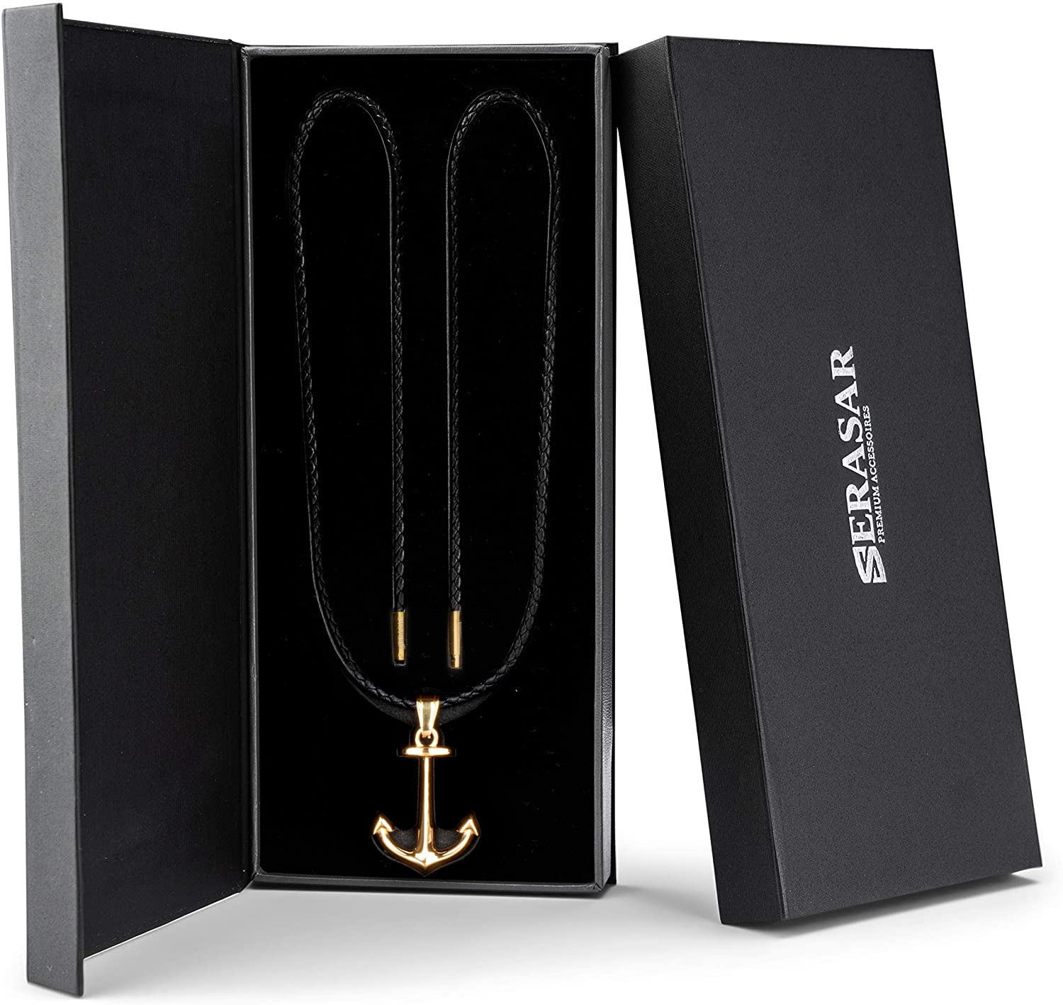 SERASAR Leather Necklace for Men "Anchor" with Stainless steel Pendant and Magnetic Closure, Gold 50cm, incliding Gift box