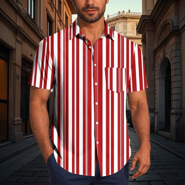 Blusa y camisa de manga corta con cuello vuelto para hombre, blusa informal de moda con cuello vuelto y estampado de rayas, blusa de manga corta con botones, blusa de poliéster para hombre