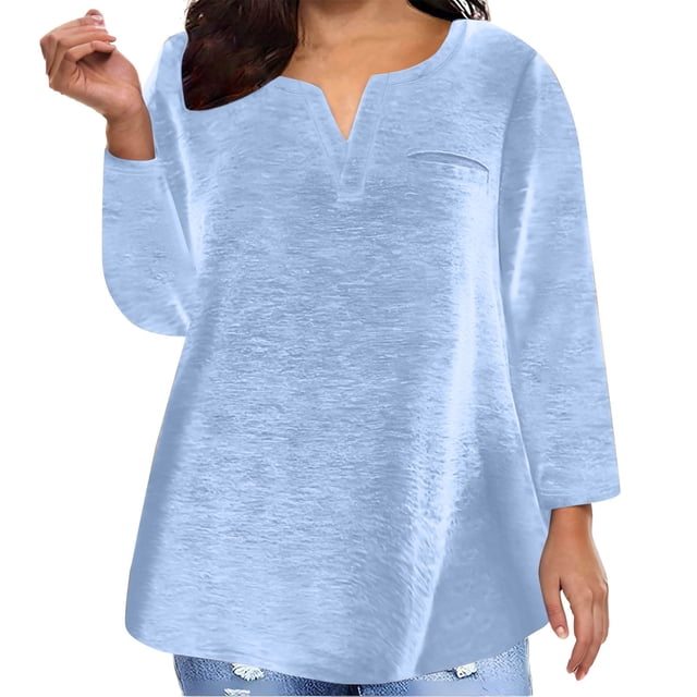 Yuyuzo Plus Size Tops for Women Long Sleeve Notch V Neck Solid Color Shirts Comfy Plain Basic Tees