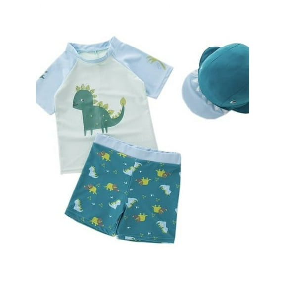 Kid Boys Chic Cute Dinosaur Printed One-Piece Rash Guard with Sun Hat 2pcs Swimsuit Pool Beach Bathing Suit