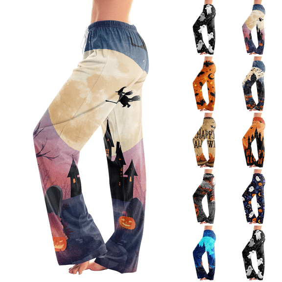 Halloween Costumes Pajama Pants Women Drawstring Halloween Moon Bat Printed Pants Light Thin Stretch Plus Size Loungewear Pink XL