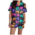 thumbnail image 4 of Halloween Pajamas Women Pumpkin Printed 2 Pc Short Sleeve Pocket Button Down Lapel Shirts Loose Shorts Sleepwear Casual Nightwear Comfy Silk Womens Loungewear Set Mint Green L, 4 of 6