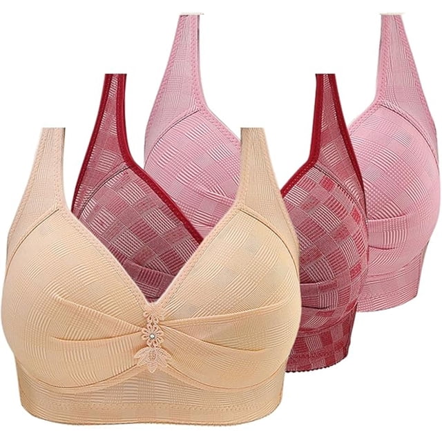 Womens 3 Pack Everyday Bras No Underwire Push up Comfy Bra Plaid Full Coverage Plus Size Sleep Bra