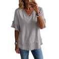 thumbnail image 5 of Stralyhd Cotton Linen Tops for Women 3/4 Sleeve Tops Casual V Neck Shirt Raw Edge Fashion Business Blouses 2026 Summer Outfits Purple L, 5 of 6