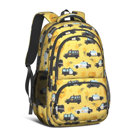 Police and Sheriff Yellow Pattern Backpack for School, Cute School Bag with Adjustable Shoulder Straps and Padded Back, 16.9"x12.6"x5.9"