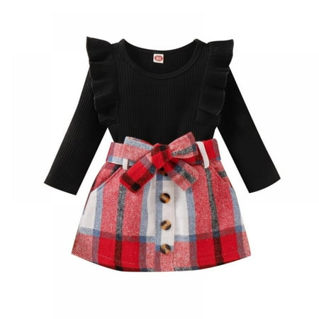 

Baozhu Toddler Baby Girl Skirt Outfit Little Toddler Baby Girl Long Sleeve Ribbed Knitted Pullover Top Plaid Skirt Set 2Pcs Spring Summer Clothes Set