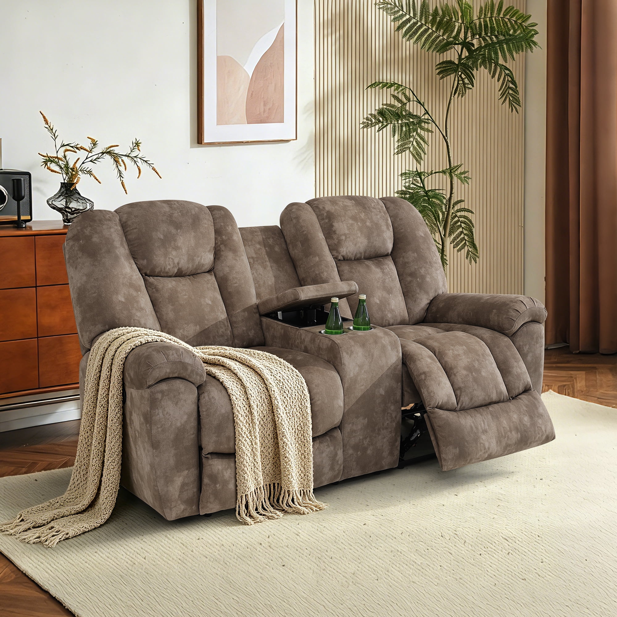Gewnee Manual Recliner Loveseat, Adjustable Positions, Hidden Storage, Home Theater Seating with Cup Holders, Velvet‑Brown