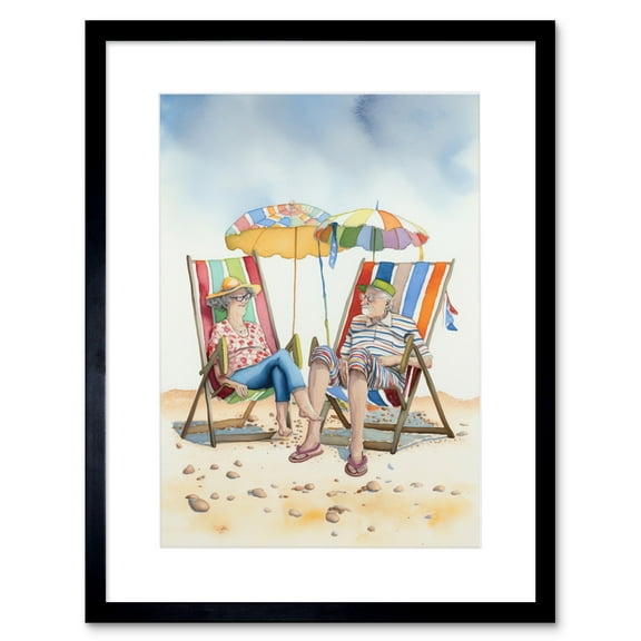 Elderly Couple Enjoying A Summer Beach Day Watercolour Illustration Artwork Framed Print Wall Art 9X7 Inch