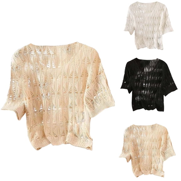 Feancey Womens Crochet Cover Up Tops Knit Hollow Out Summer Sweaters Half Sleeve Casual Beach Cover Ups for Swimwear Black Free Size
