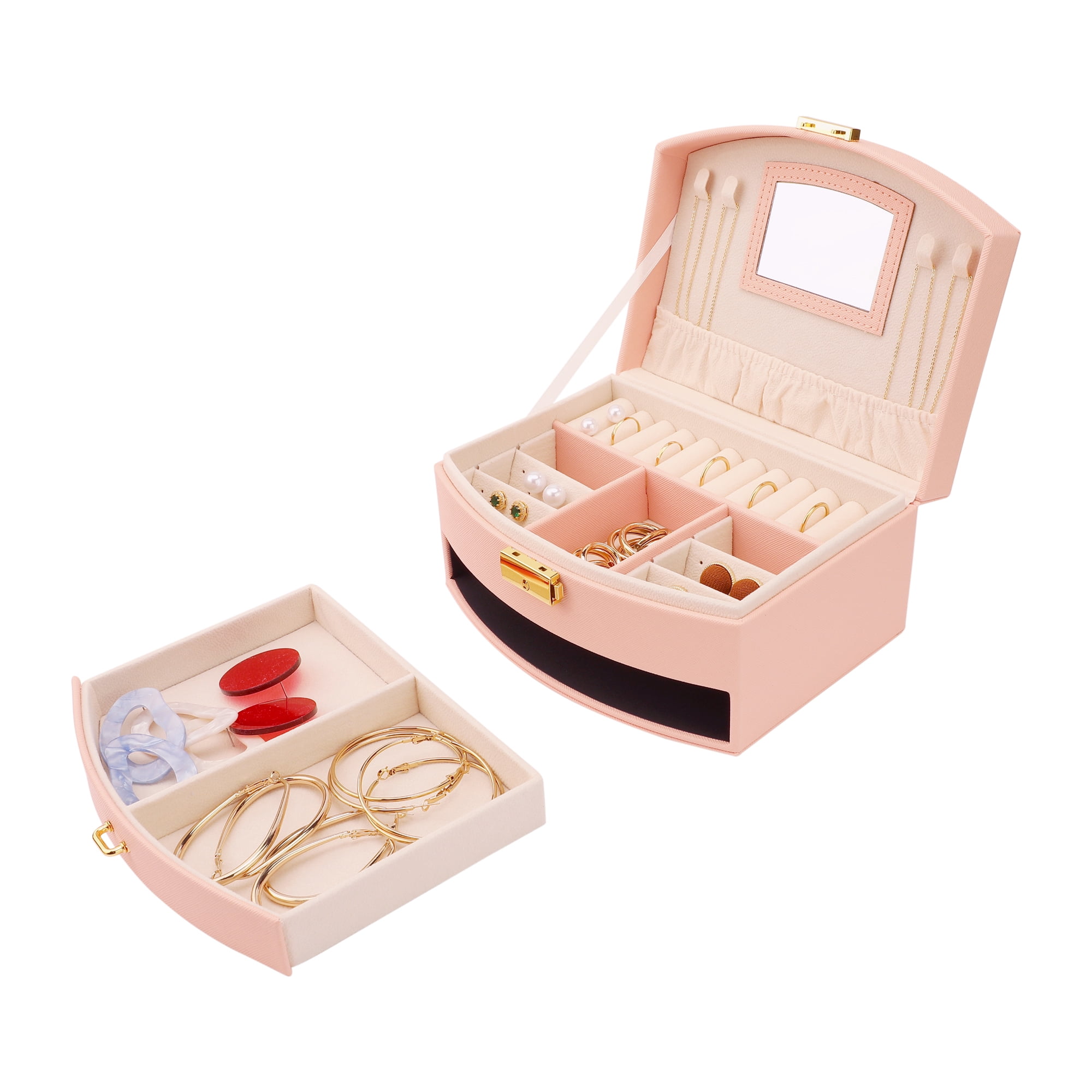 Unique Bargains 2 Layer Jewelry Box with Mirror PU Leather Removable Jewelry Tray Orange