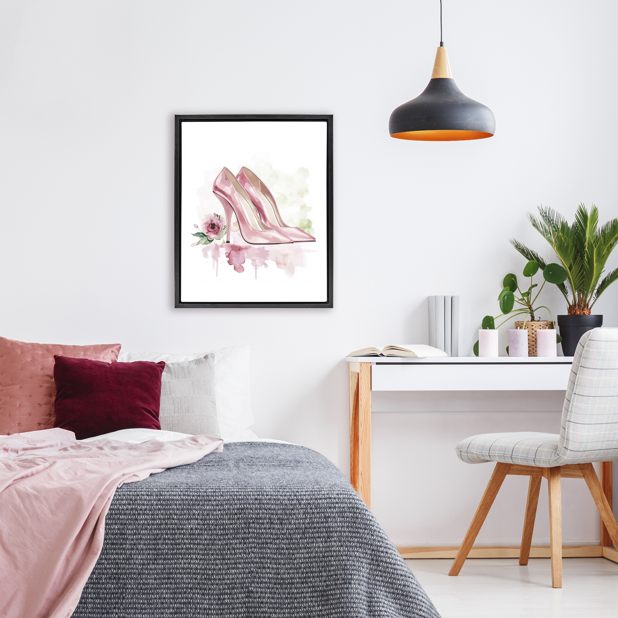 Rosy Pastel Heels Black Framed Floater Canvas Wall Art, design by Christine Simpson Art