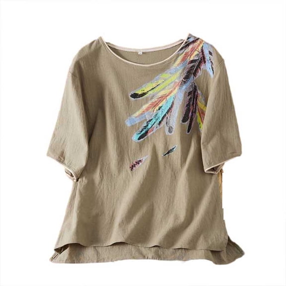 Women's Crinkle Cotton Feather Print T-Shirt Casual Round Neck Short Sleeve Boho Blouse Top