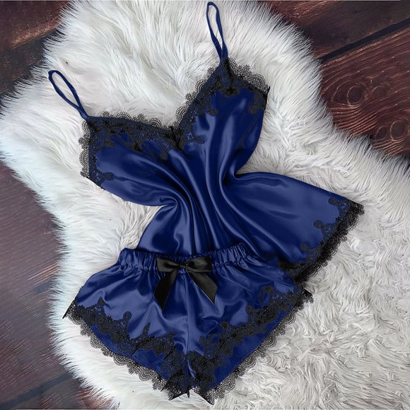 Cameland Ensemble de Pyjama en Satin Dentelle Col en V avec Nœud et Shorts Lingerie