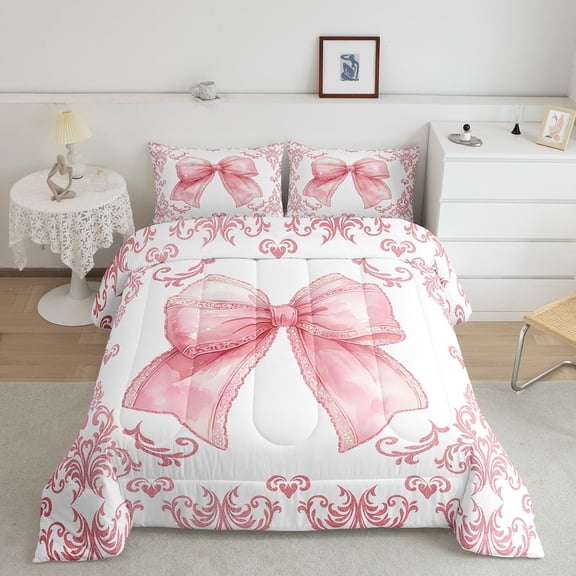 Erosebridal Girly Pink Bow Comforter Sets Queen Size, Damask Floral Comforters & Duvets, Cute Princess Decor, Reversible