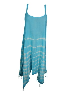 Mogul Sky Blue Tie-Dye Tank Dress Spaghetti Strap Tassel Hem Swing Flowy Flare Boho Chic Sundress