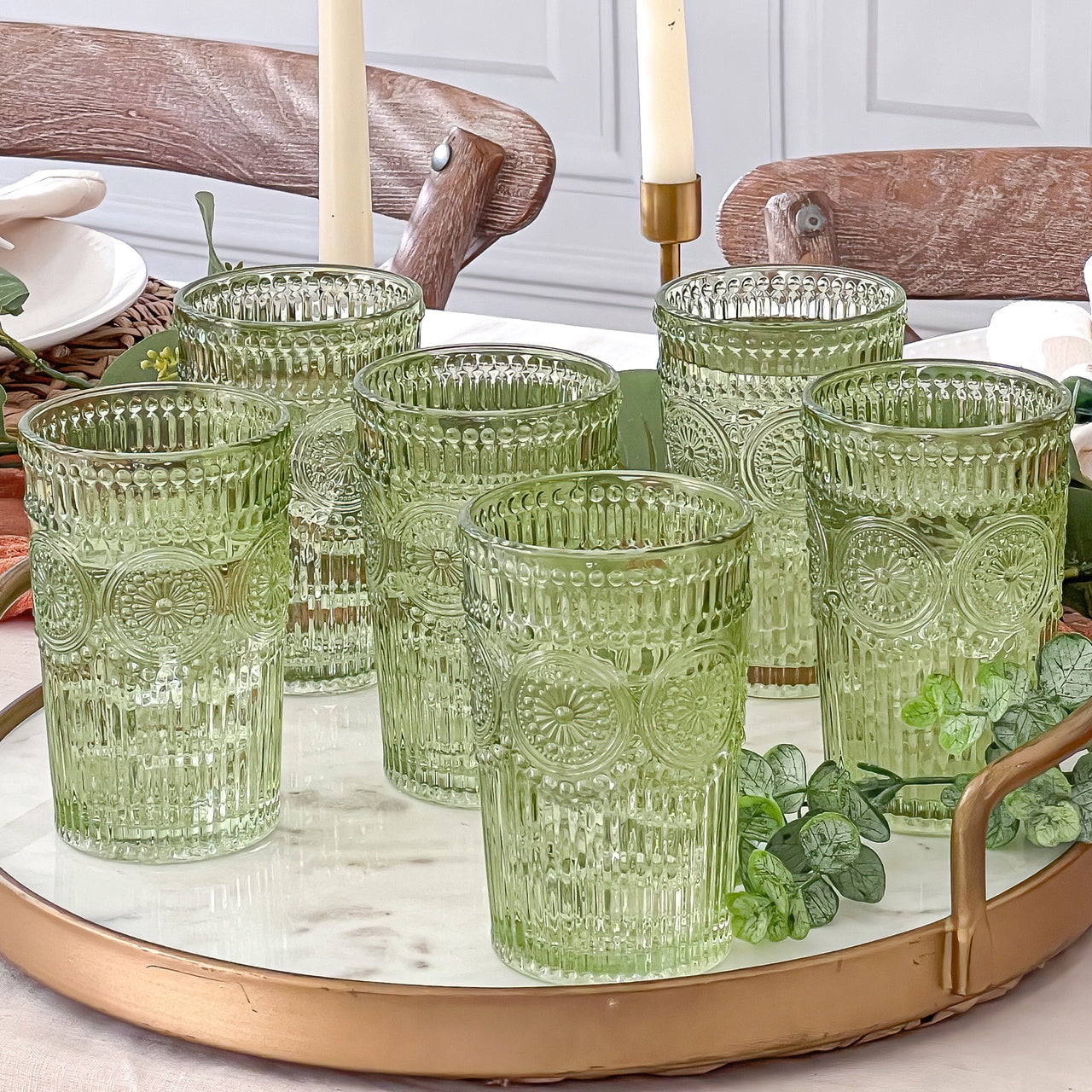 Etched Glass Tumblers. Set of Eight Water or Juice Glasses.