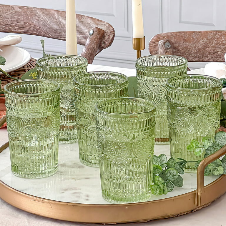 Vintage Textured Sage Green Striped Drinking Glasses Set of 24, (13 oz)  Ribbed Glassware with Flower Design