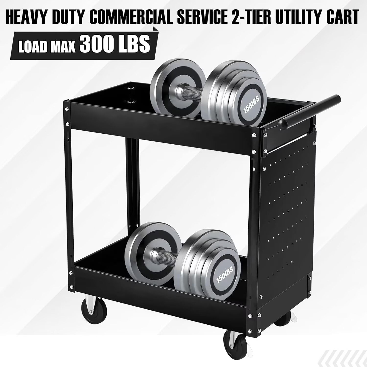 2-Tier Utility Cart, Heavy Duty Steel Rolling Cart, 300lb Multi-Purpose Tool Organizer, Metal Garage Organizer Tool Cart for Warehouse, Garage, Garden, Kitchen