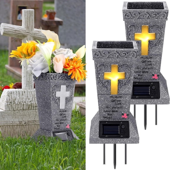 1pc Solar Powered LED Cemetery Vase, Headstones Vases With Detachable Spike, EasyTo Install, Durable Memorial Gravestone Decoration For Fresh Or Artificial Flowers