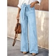 thumbnail image 5 of Women's High Waisted Wide Leg Denim Jeans, Light Blue Wash, with Long Detachable Waist Strap Ties, Straight Casual Pants, 5 of 7