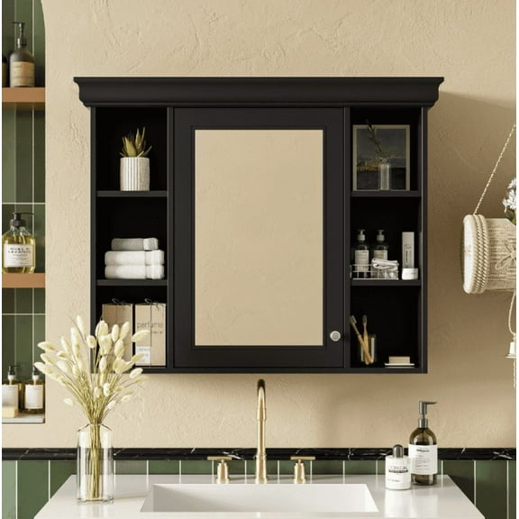 Euroco 35'' x 28'' Black Wall Mounted Bathroom Storage Cabinet with Mirror Door, Modern Bathroom Wall Cabinet with Mirror, Medicine Cabinet with 6 Open Shelves