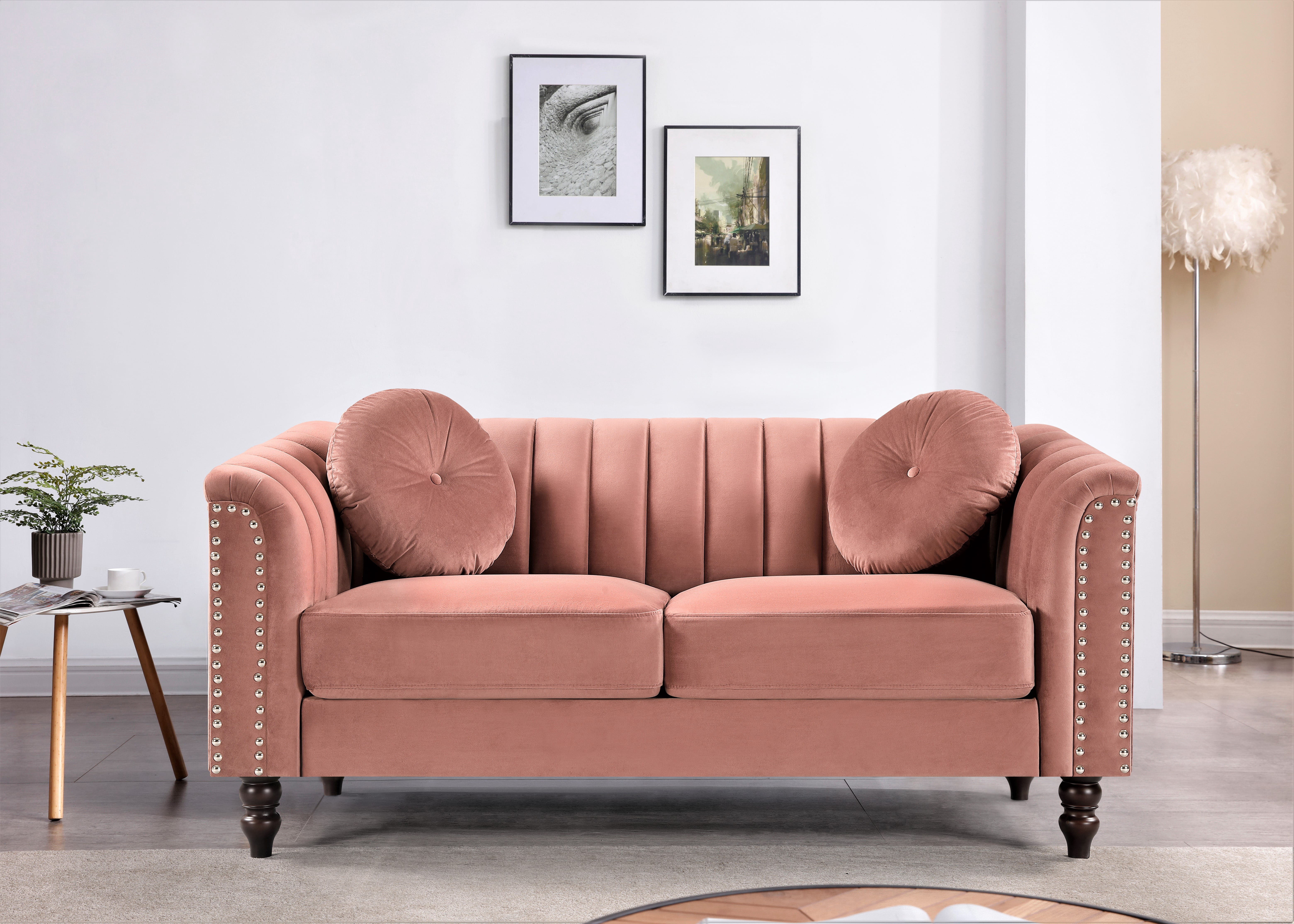 Uspridefurniture Velvet Nailhead Trim 2 Pcs Living Room Sofa, Rose
