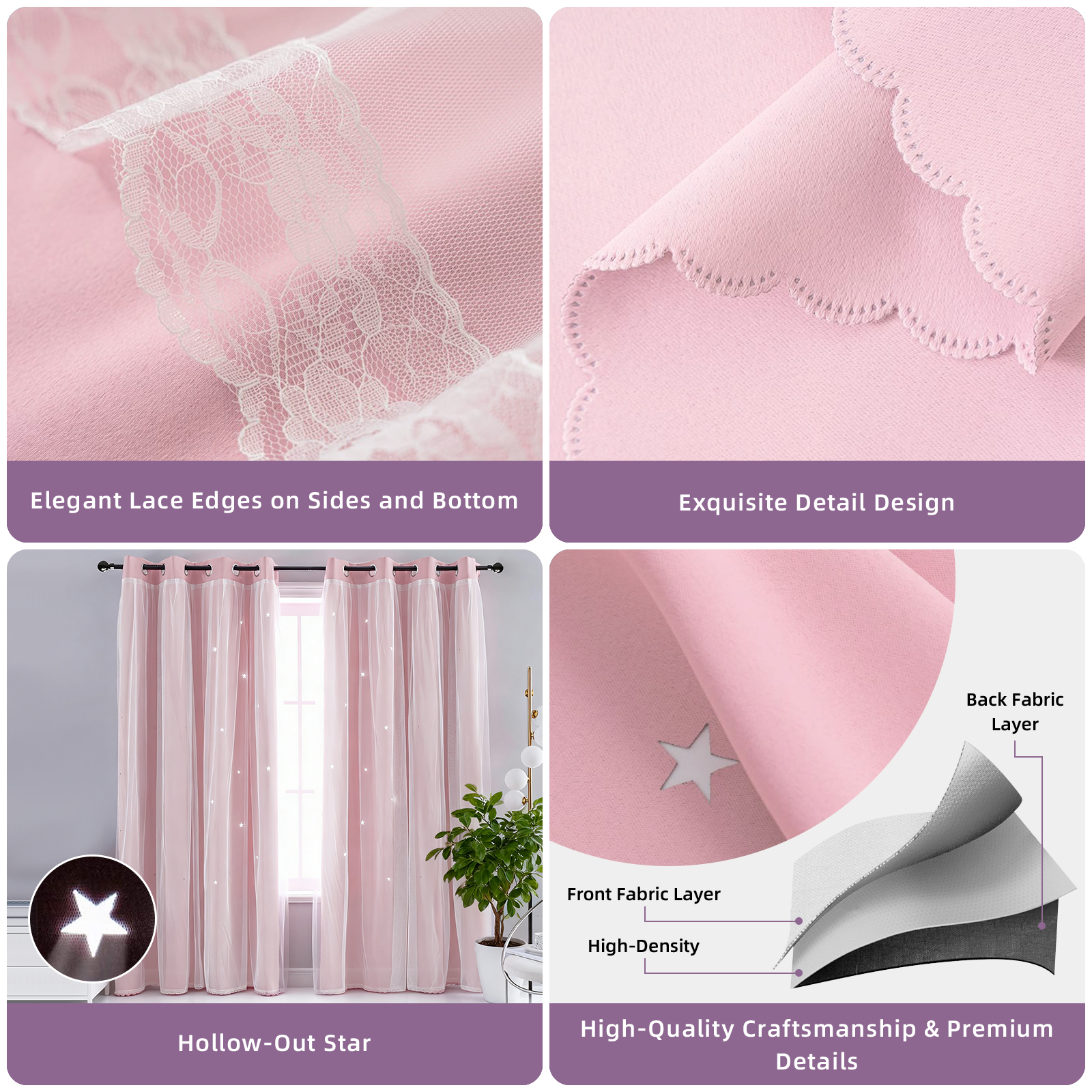 CshidWorld Blackout Curtains for Girls Kids Bedroom, Colorful Double Layer Star Cut Out Curtains for Girls Room Nursery Home Decor, 52''x 63'', 1 Panel