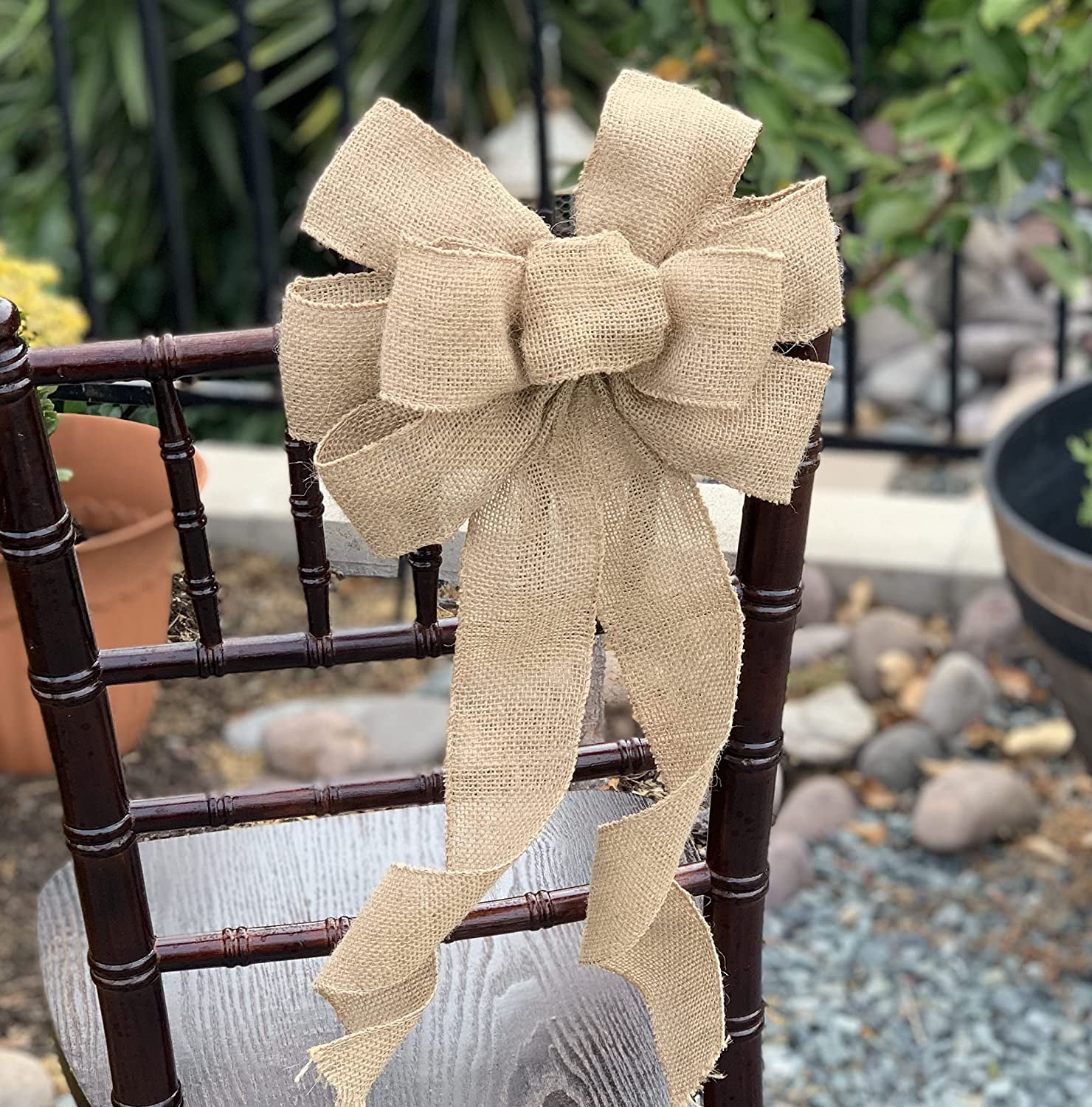 Natural Burlap Ribbon Wedding Bows - 10" Wide, 18" Long Tails, Set of 6, 4th of July, America 250 Anniversary, Reception, Farmhouse Country, Wreath Bows, Swag, Garland, Fall, Thanksgiving, Christmas