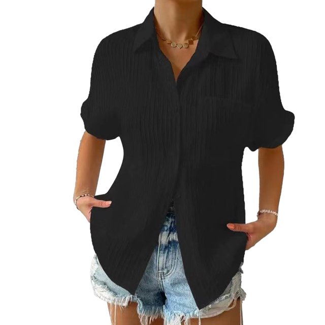 Camisa de manga corta con botones para mujer, blusa informal plisada con cuello vuelto de Color liso y bolsillo en el pecho, color negro XL