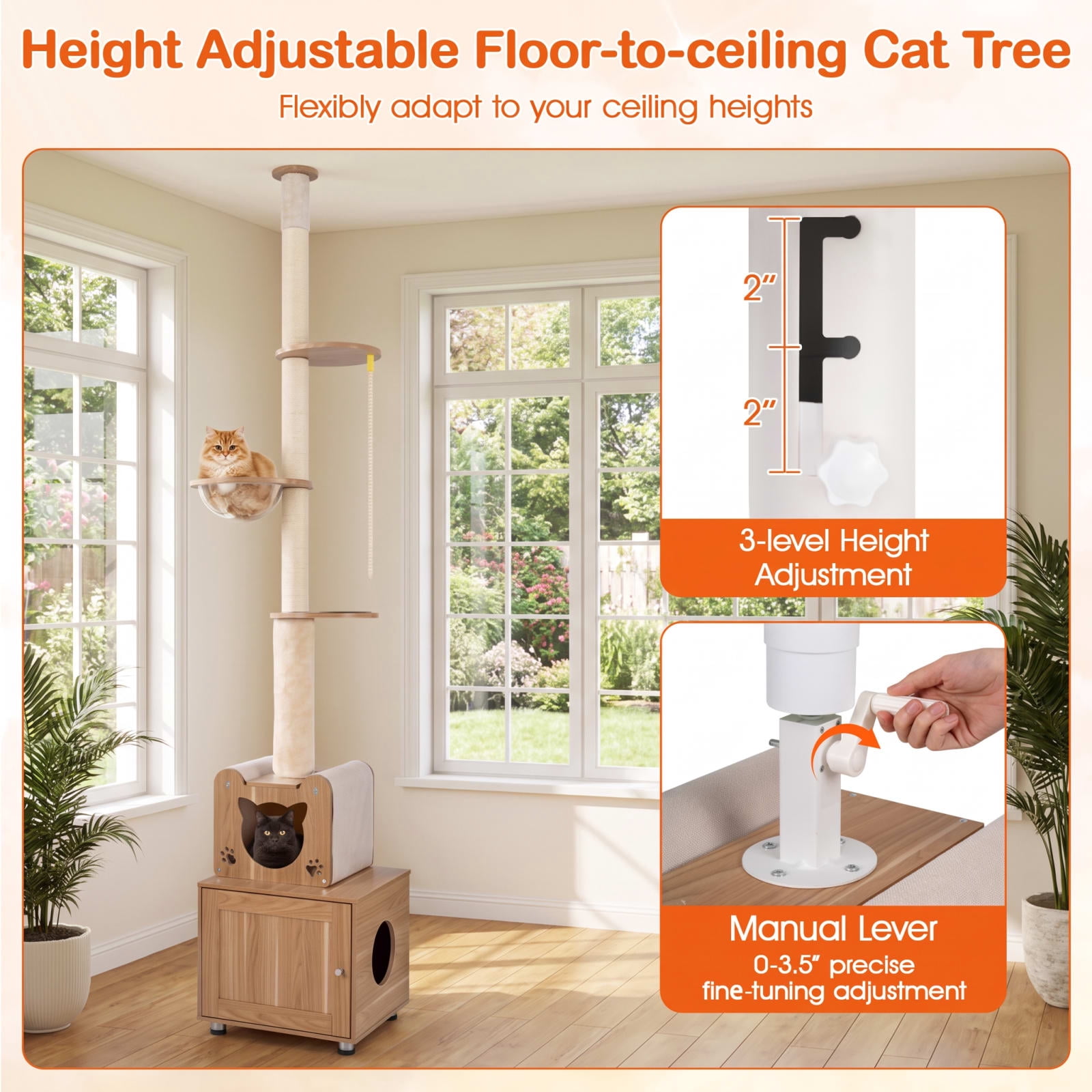 Vebreda Floor-to-Ceiling Cat Tree with Hidden Litter Box Enclosure, Adjustable Cat Tower with Condo, Sisal Scratching Posts, 101-108.5 Inch, Brown
