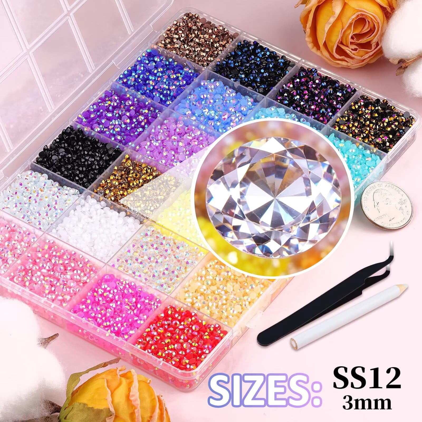 24 Colors Resin Rhinestones for Crafting with Tweezers – Flatback Glass Rhinestone Kit with B-7000 Glue, Storage Box, for Nail Art, Tumblers, Shoes, DIY Decor