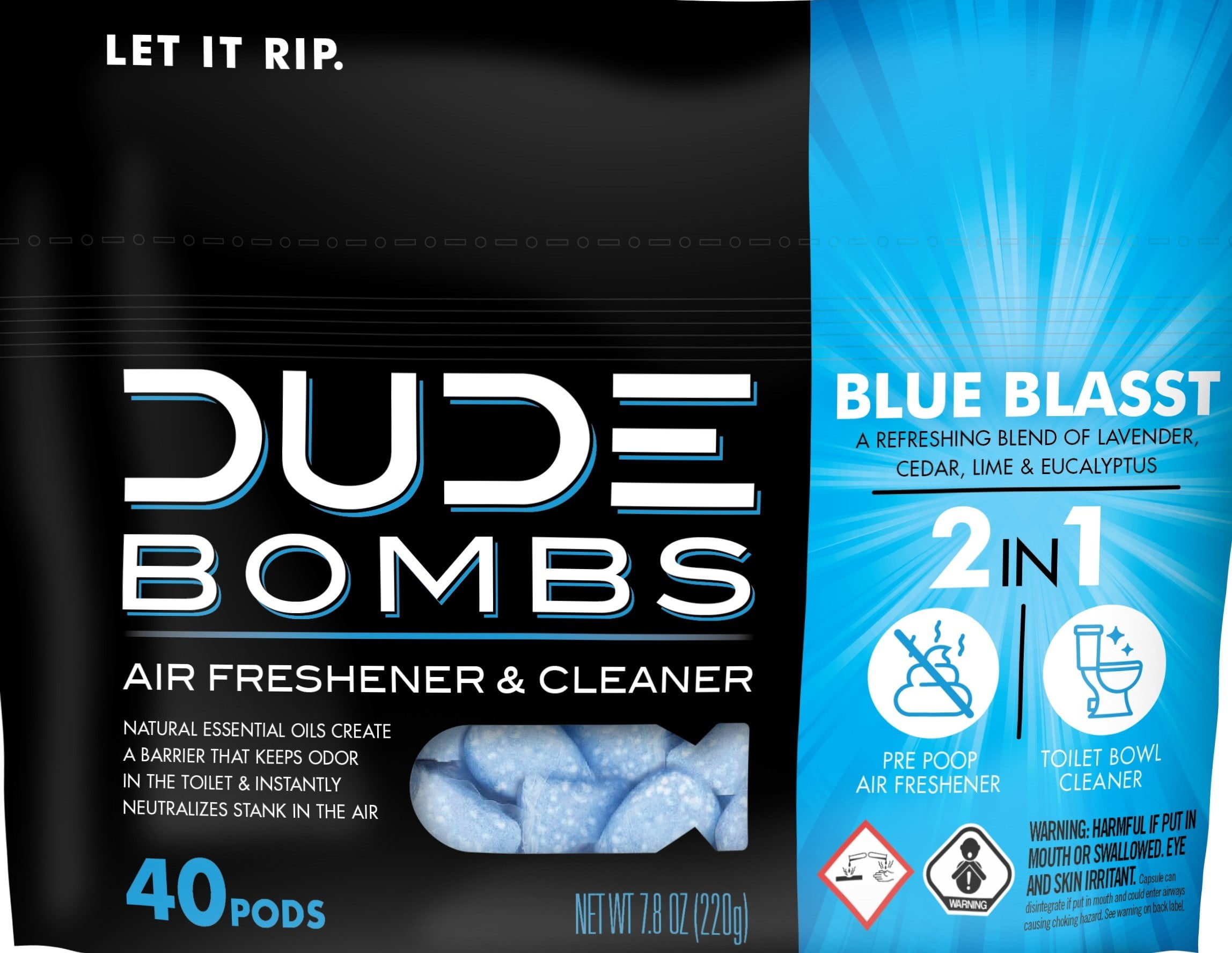 Dude Bombs 2 in 1 Pods Blue Blasst Air Freshener & Cleaner 40 Ea