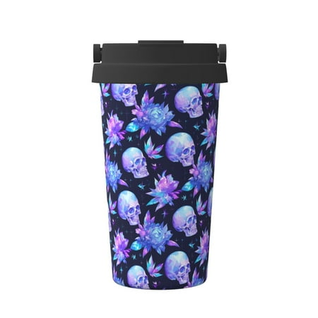 

Uemuo flower starry sky Skull Print Carry Insulated Coffee Mug Travel Mug with Hidden Handle Insulated Coffee Flask Leak-proof Travel Mug Insulated Mug for Office