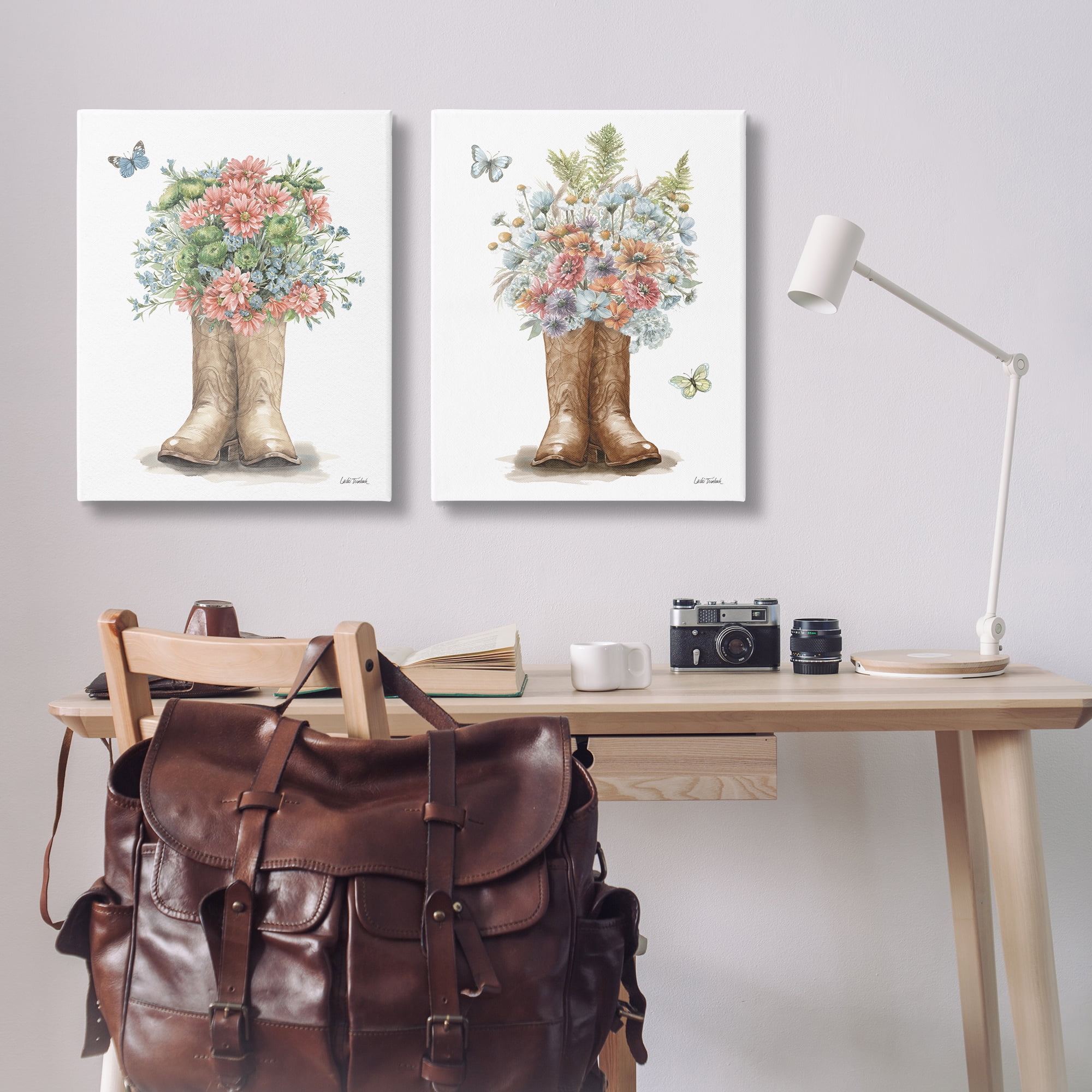 Stupell Industries Wildflower Western Boots Butterfly Plants & Flowers Painting Wrapped Canvas Art Print Wall Art, 24 x 30, Set of 2