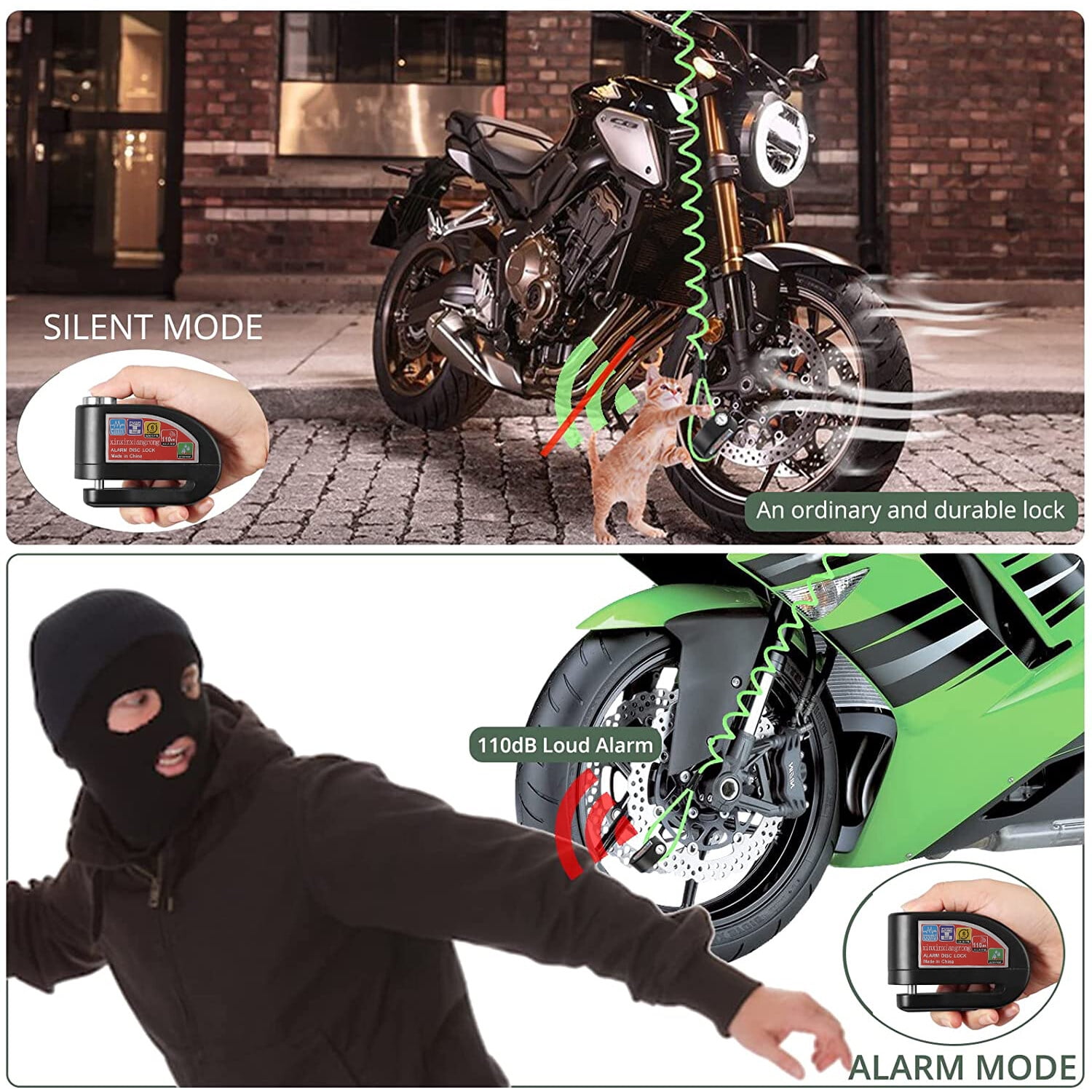 Alarm Disc Lock Motorbike Lock, Disc Brake Lock 110db with