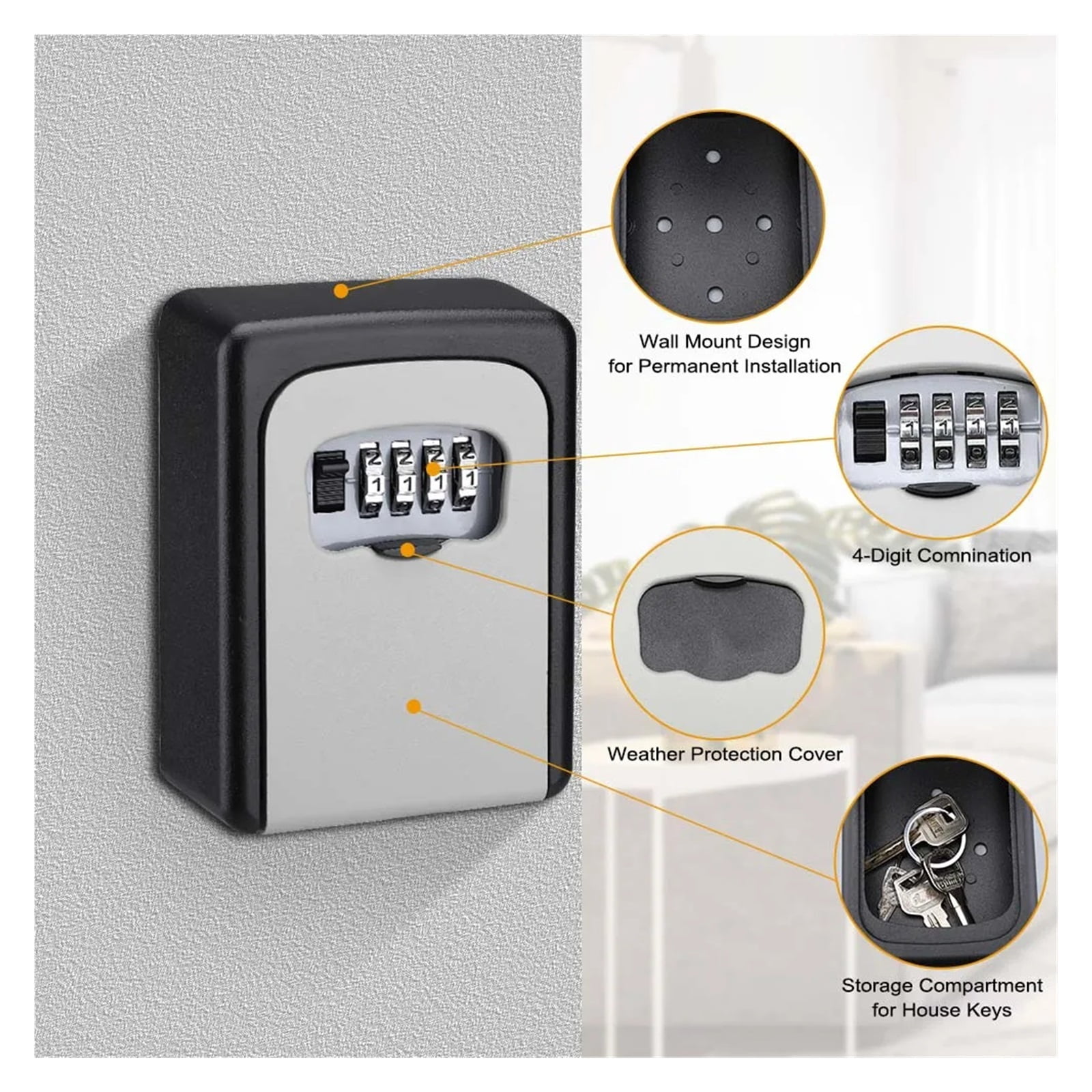 Key Lock Box Waterproof Key Code Box Aluminum Password Security Key Box Wall Mounted Password Box Key Safe Lock Box ,Fireproof Resistant Insulation
