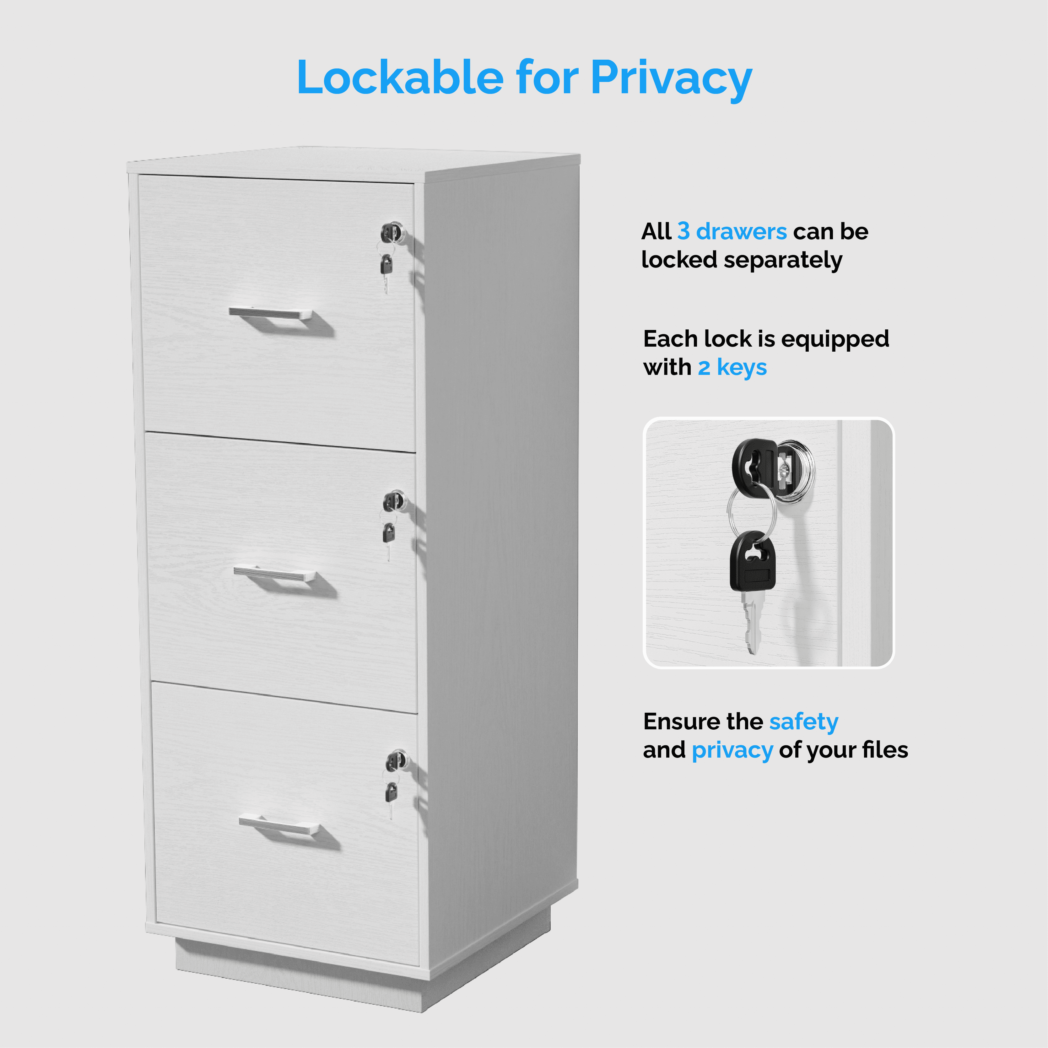 Ktaxon 3-Drawer Wood Lateral File Cabinet Lockable Filing Cabinet with Lock for Home Office Easy to Assemble, White
