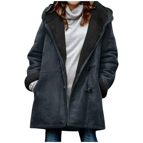 Women's Coat Reversible Sherpa Fuzzy Winter Puffer Jacket Blue, L