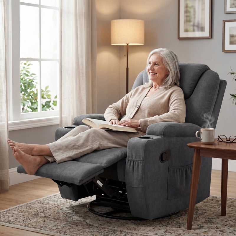 Vineego Massage Swivel Rocker Recliner with PU Leather Fabric Small Spaces Lounge Chair with Two Cup Holder for Bed Room,Linen Gray