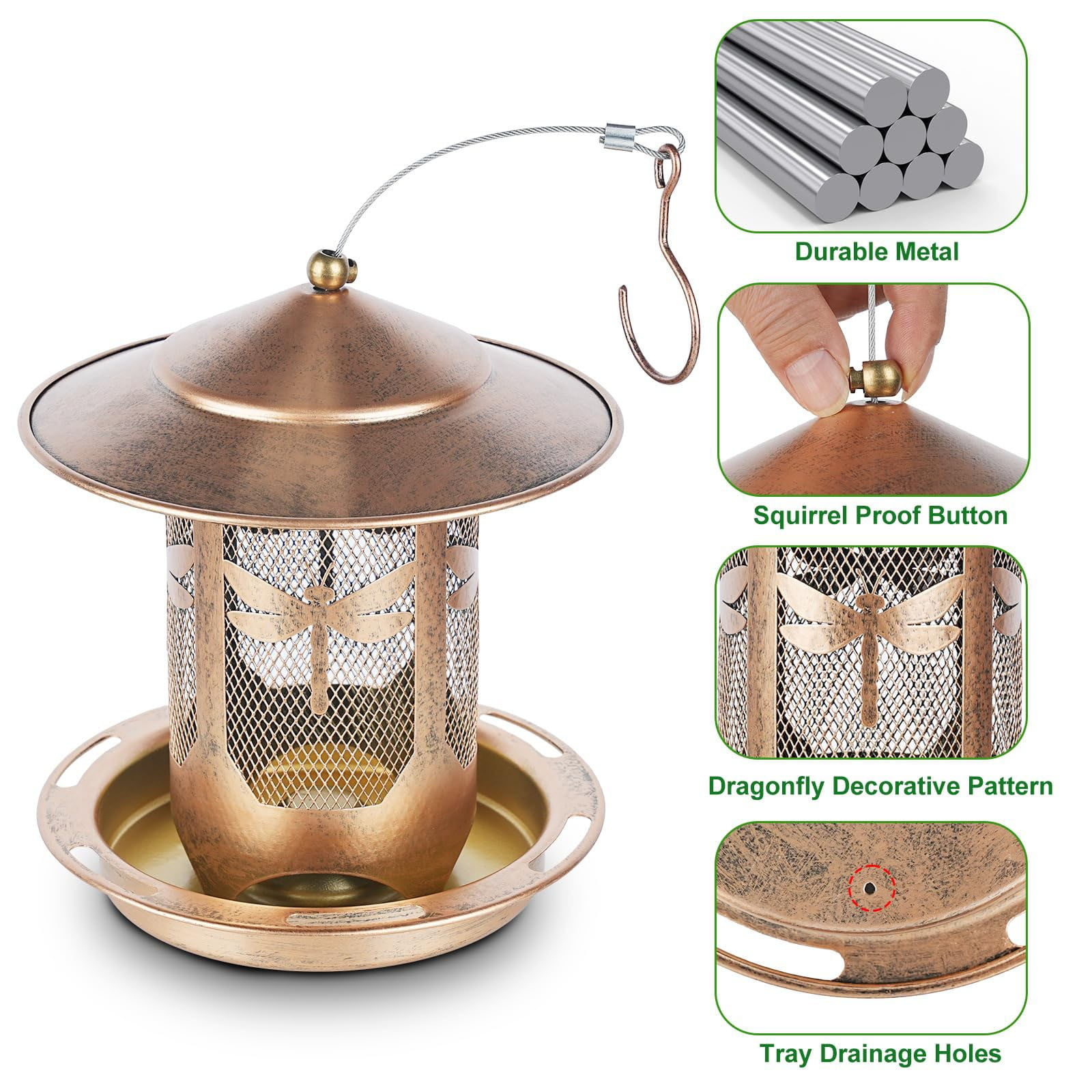ERTZAE Metal Squirrel-Proof Hanging Bird Feeder,Outdoor Hanging Bird Feeder,2Lbs Capacity Wild Bird Feeder,Pattern Garden Drainage-Tray Bird Seed Feeder,Easy-Clean Stainless Steel Bird Feeder B