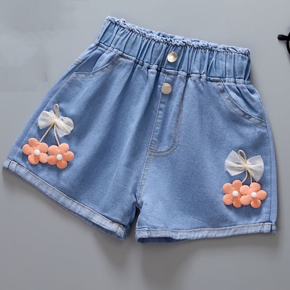 Girls Denim Shorts Elastic Waist Casual Jean Shorts with Cute Floral Embroidery Details Breathable Comfortable Bottoms for Summer Beach Vacation Holiday and Daily Wear Kids Clothes