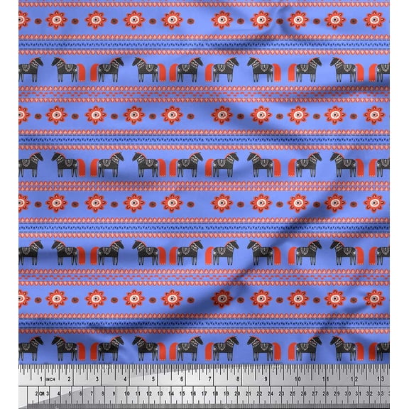 Soimoi Blue Cotton Duck Fabric Stripe & Horse Folk Art Print Fabric by the Yard 42 Inch Wide