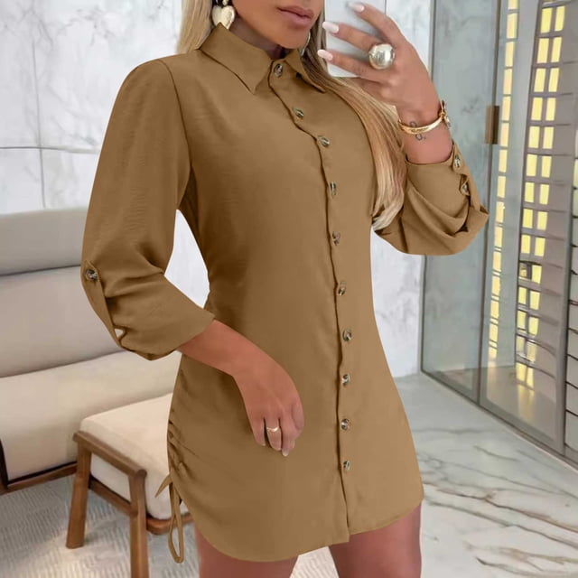 Gspmoly Robe d'Été, Robe Chemise à Manches Longues Unie pour Femmes avec Col Boutonné et Cordon de Serrage des Deux Côtés, Robe de Cocktail, Offres Prime