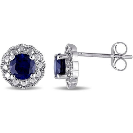 Tangelo 1-1/6 Carat T.G.W. Created Blue Sapphire 10kt White Gold Halo Stud Earrings