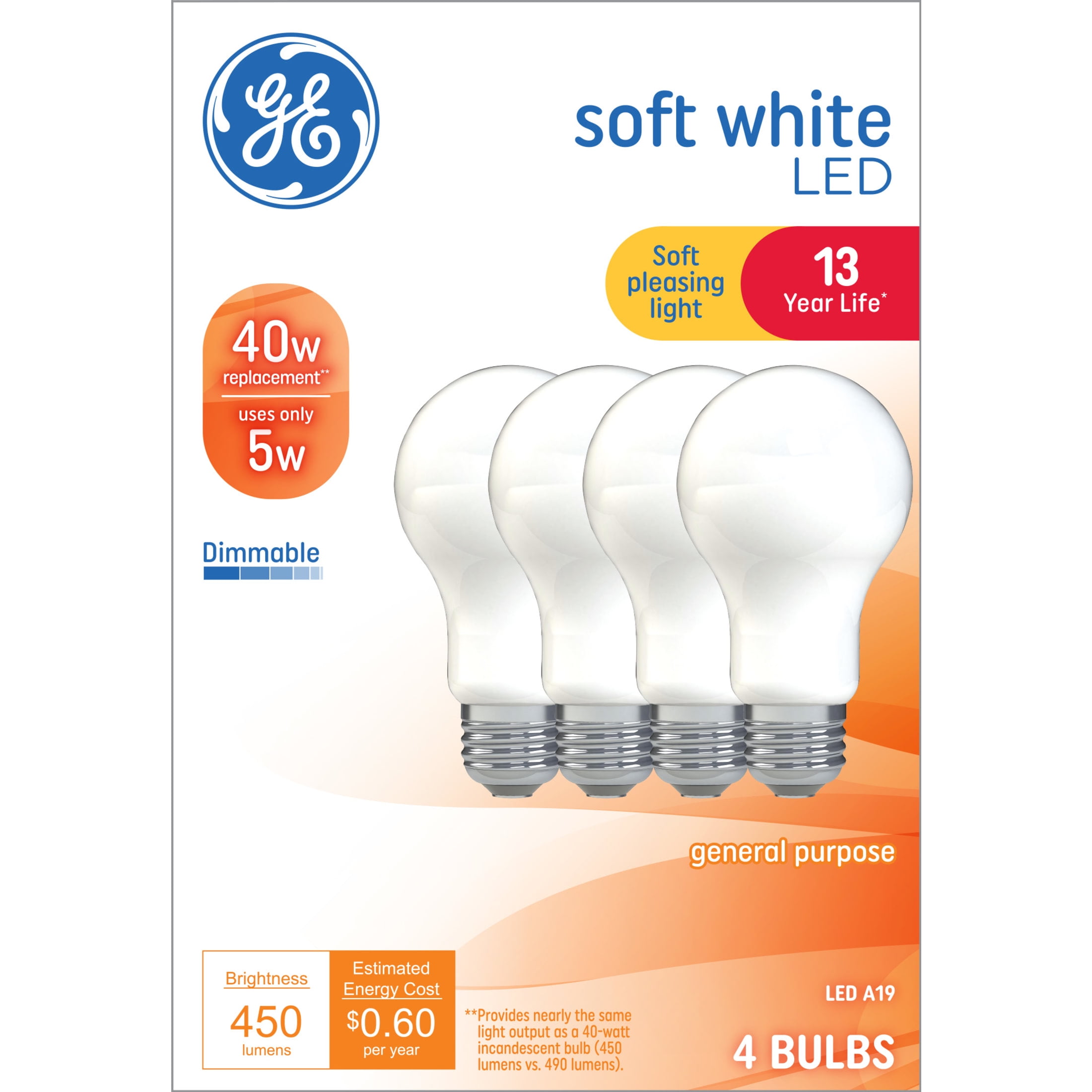 (3 pack) GE LED Light Bulbs, 40 Watts, Soft White, A19 Bulbs, Medium Base, Frosted Finish, 13yr, 4pk