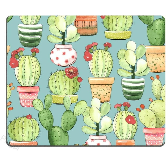 Cacti in Pots on Turquoise Rectangle Mouse Pad - 9.5x7.9in, Non-Slip Rubber Base, Perfect for Office, Home, and Laptop Use