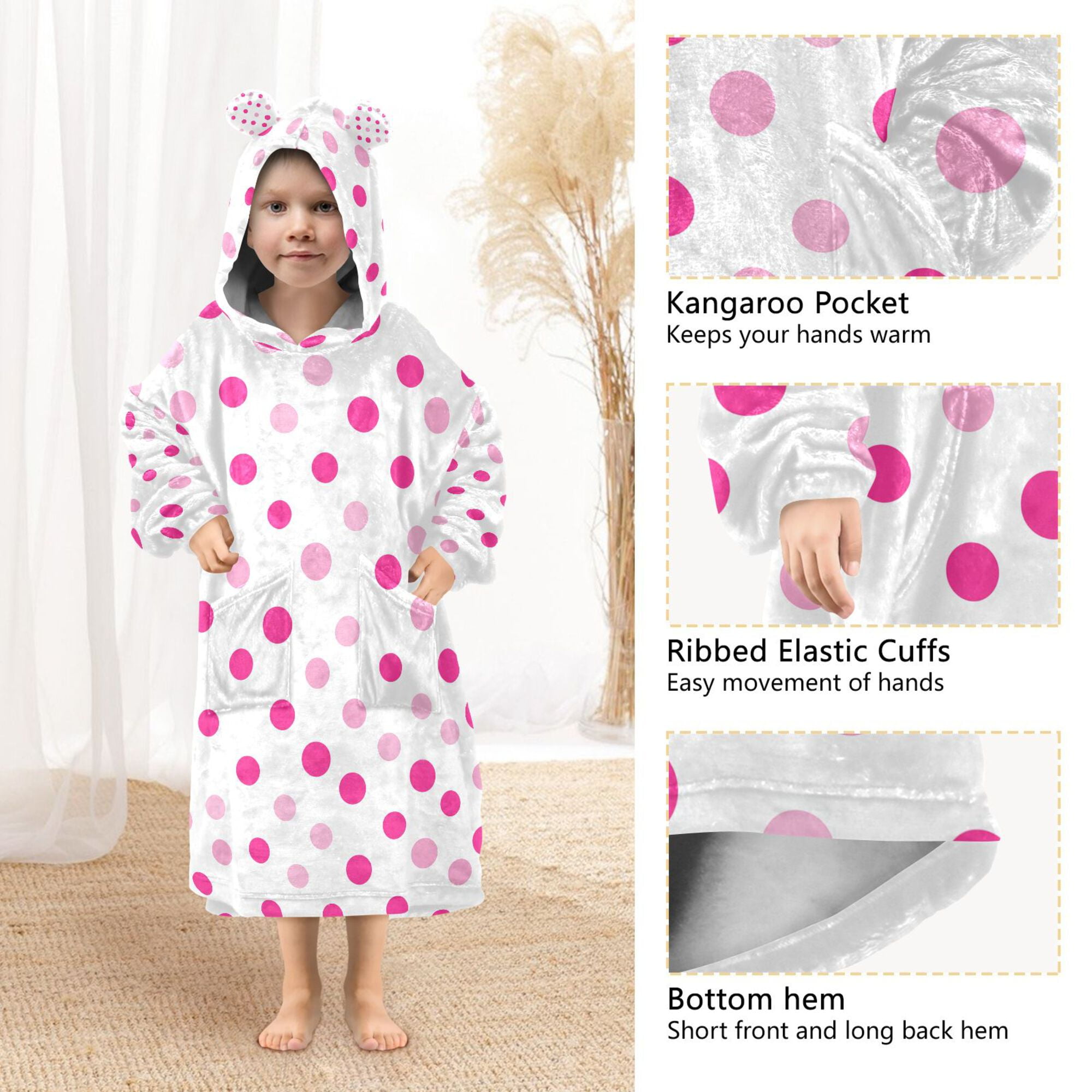 FORMRS Wearable Blanket Hoodie with Sleeves for Kids Cozy Flannel Sweatshirt, Purple Polka Dots
