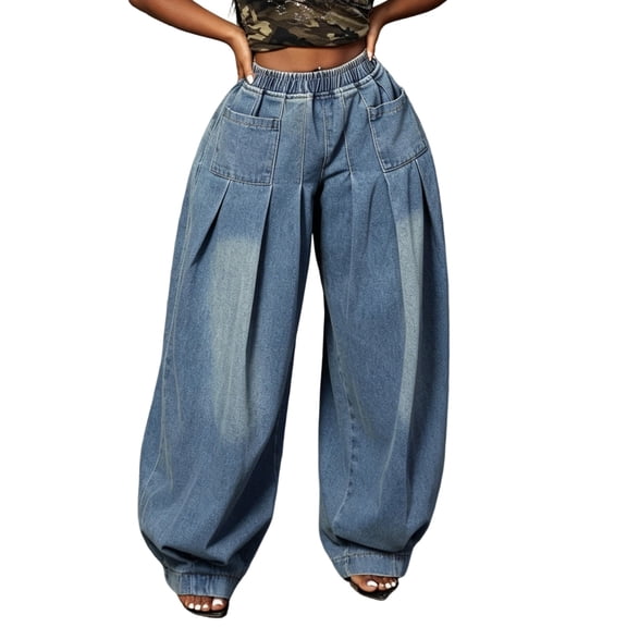 Womens Wide Leg Pants with Pocke Denim Jeans Slim Straight Pants