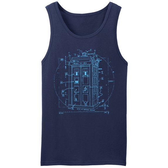 Police Call Box Tank Top Leonardo Da Vinci Vitruvian Style Shirt Navy (M)